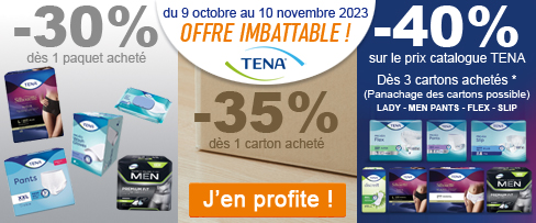 PROMO : jusqu'au 10 novembre 2023, OFFRE IMBATTABLE TENA -40% dès 3 cartons TENA achetés (panachage possible).